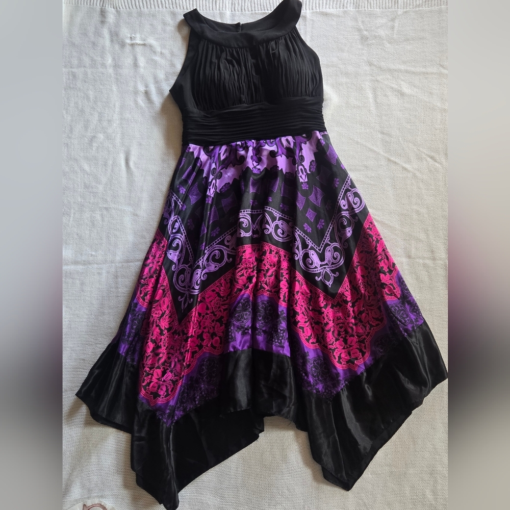 Sangria Black Purple Pink Paisley Handkerchief Hem Party Dress Sz S Goth Glam
